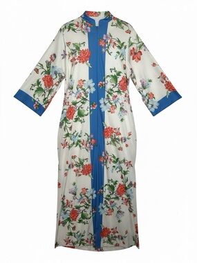 EVELYN PEARSON Vintage Kaftan House Dress White Floral Zip Front Size Medium